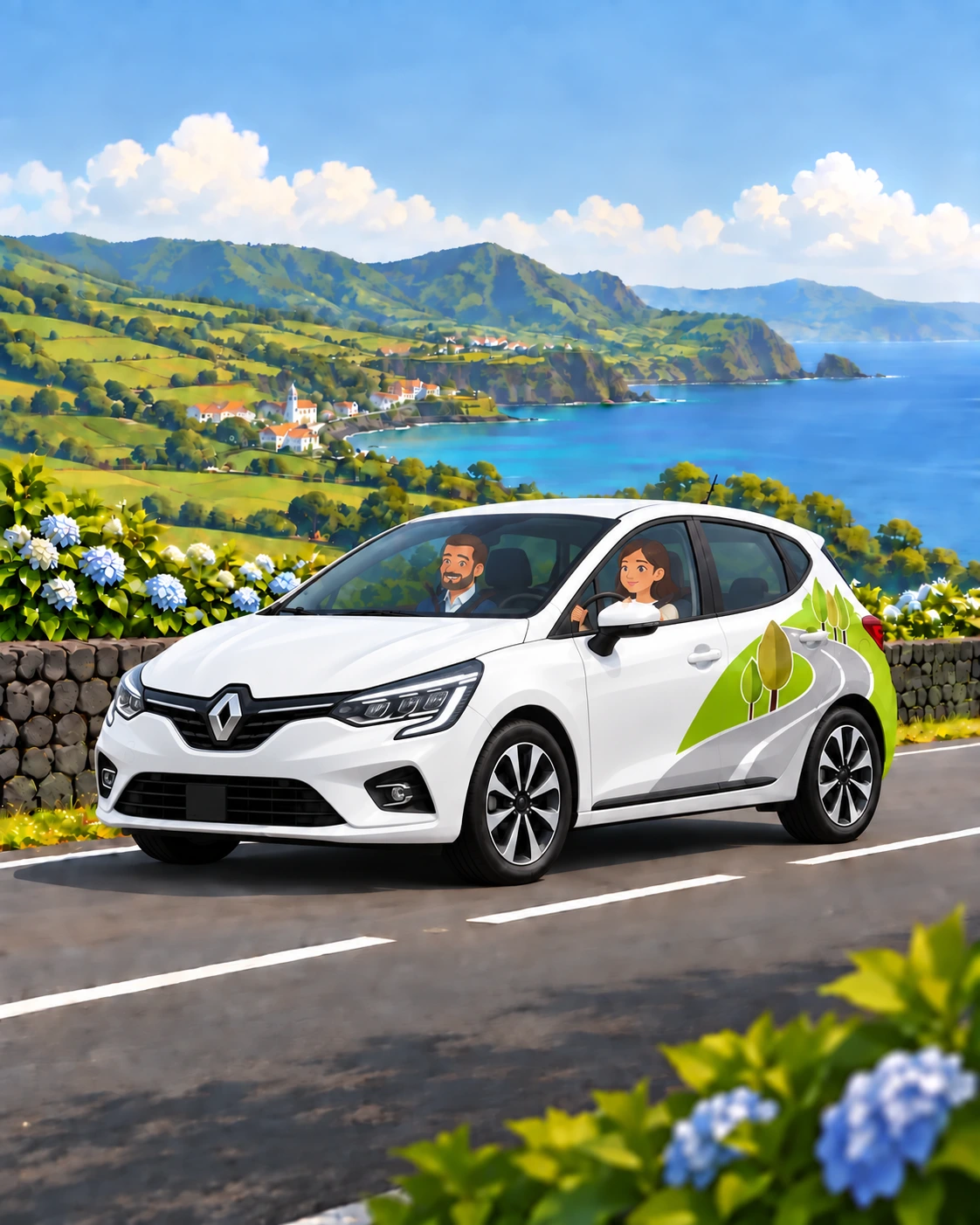 Aluna e instrutor ilustrados num Renault Clio da Escola de Condução Ilha Verde