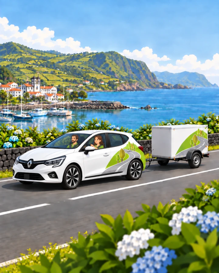 Aluna e instrutor ilustrados num Renault Clio com reboque para a carta BE