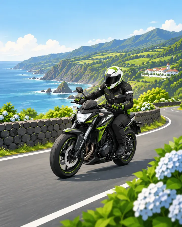 Motociclista ilustrado para as cartas A1, A2 e A em São Miguel