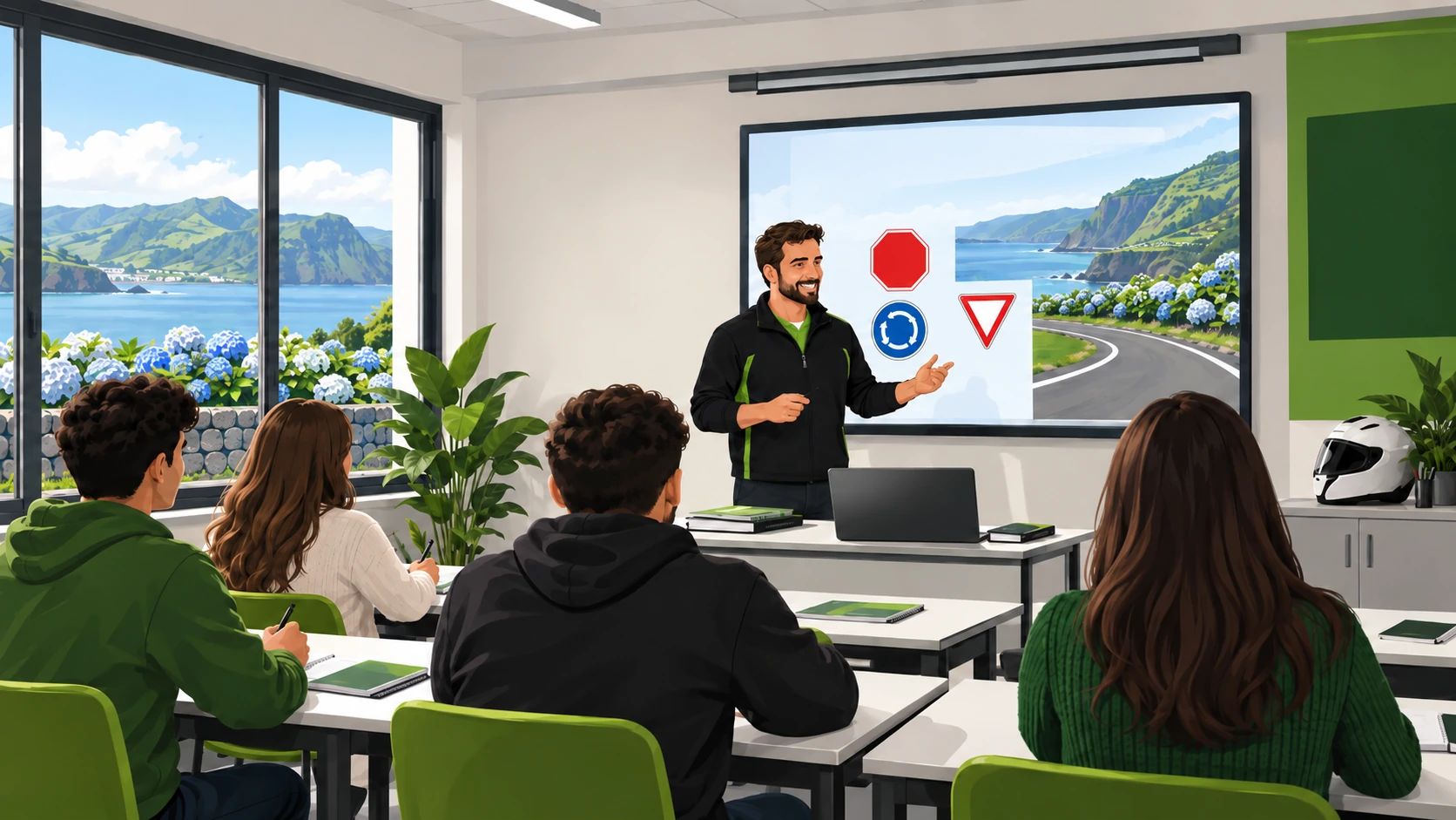 Ilustração de uma aula de condução em São Miguel