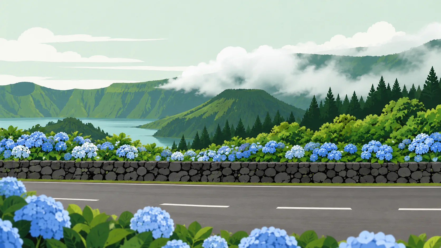 Paisagem ilustrada de São Miguel com lago, montes, hortênsias e uma estrada açoriana