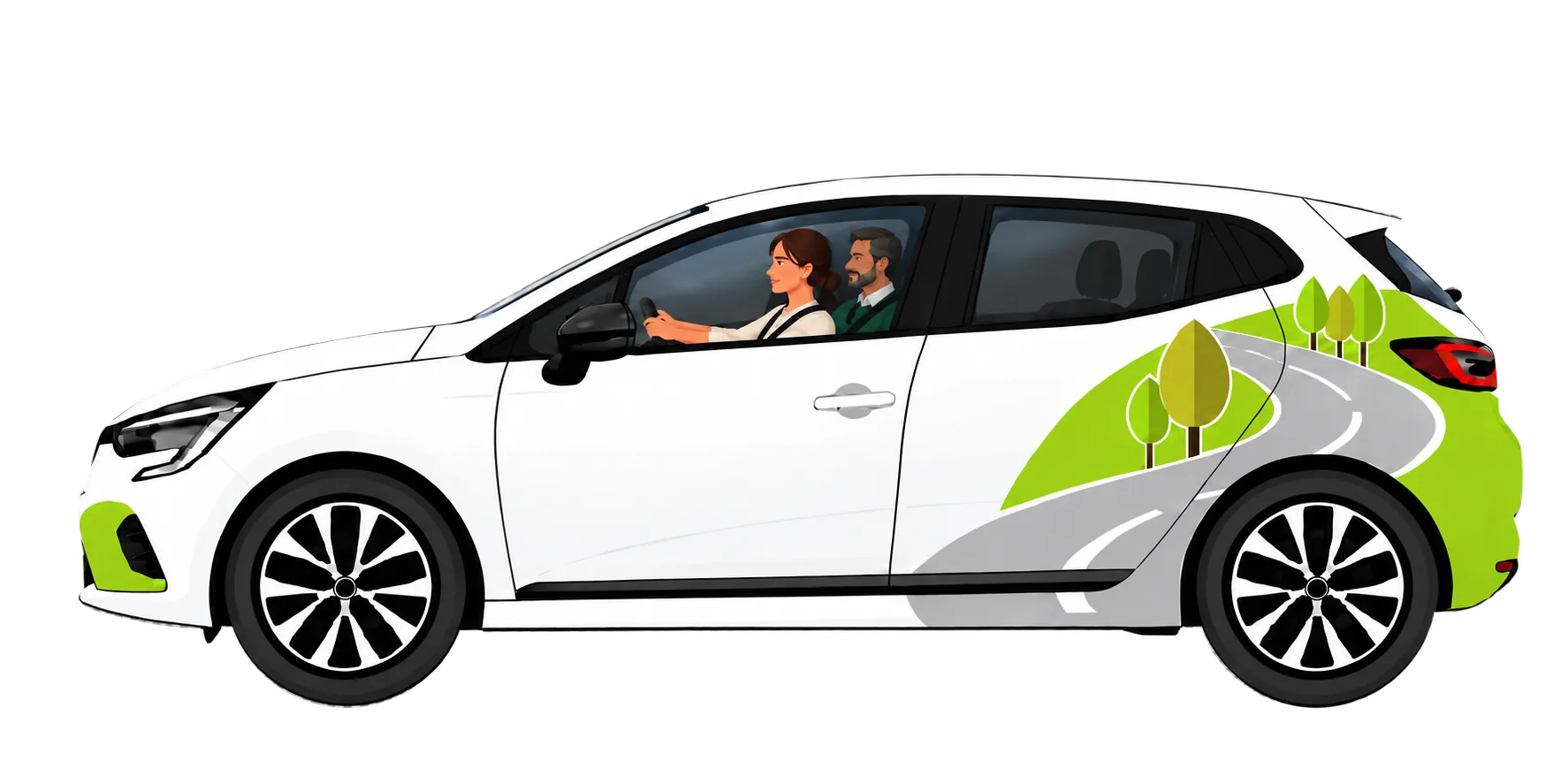 Ilustração da viatura da Escola de Condução Ilha Verde com aluna e instrutor
