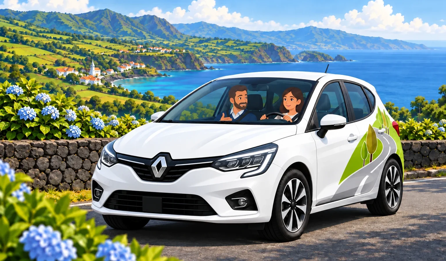 Aluna ao volante de Renault Clio branco ilustrado acompanhada por tutor