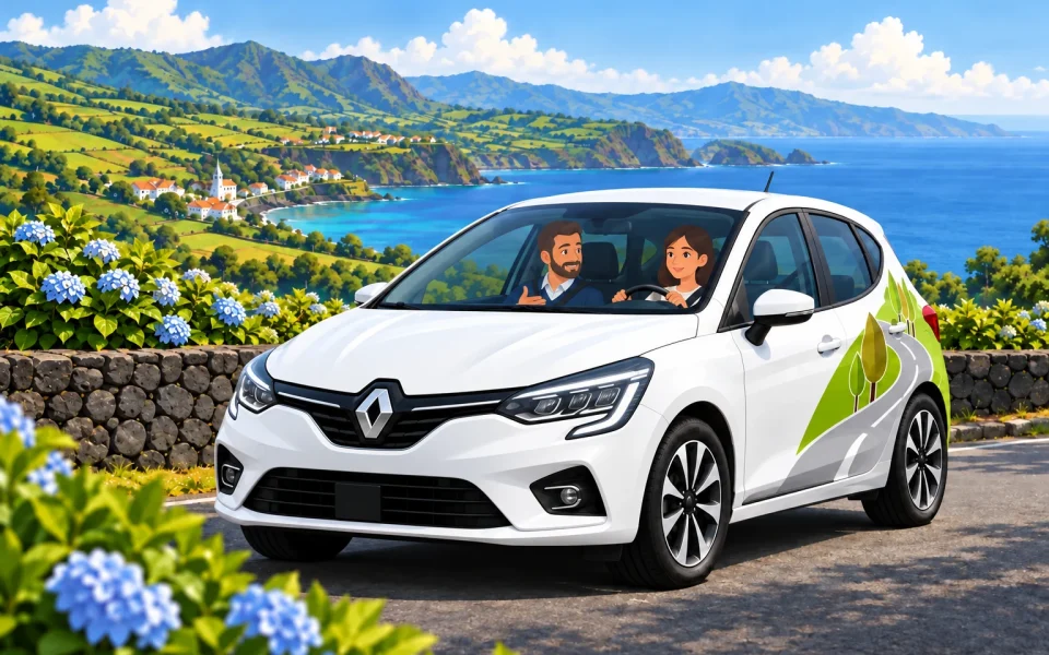 Aluna ao volante de Renault Clio branco ilustrado acompanhada por tutor