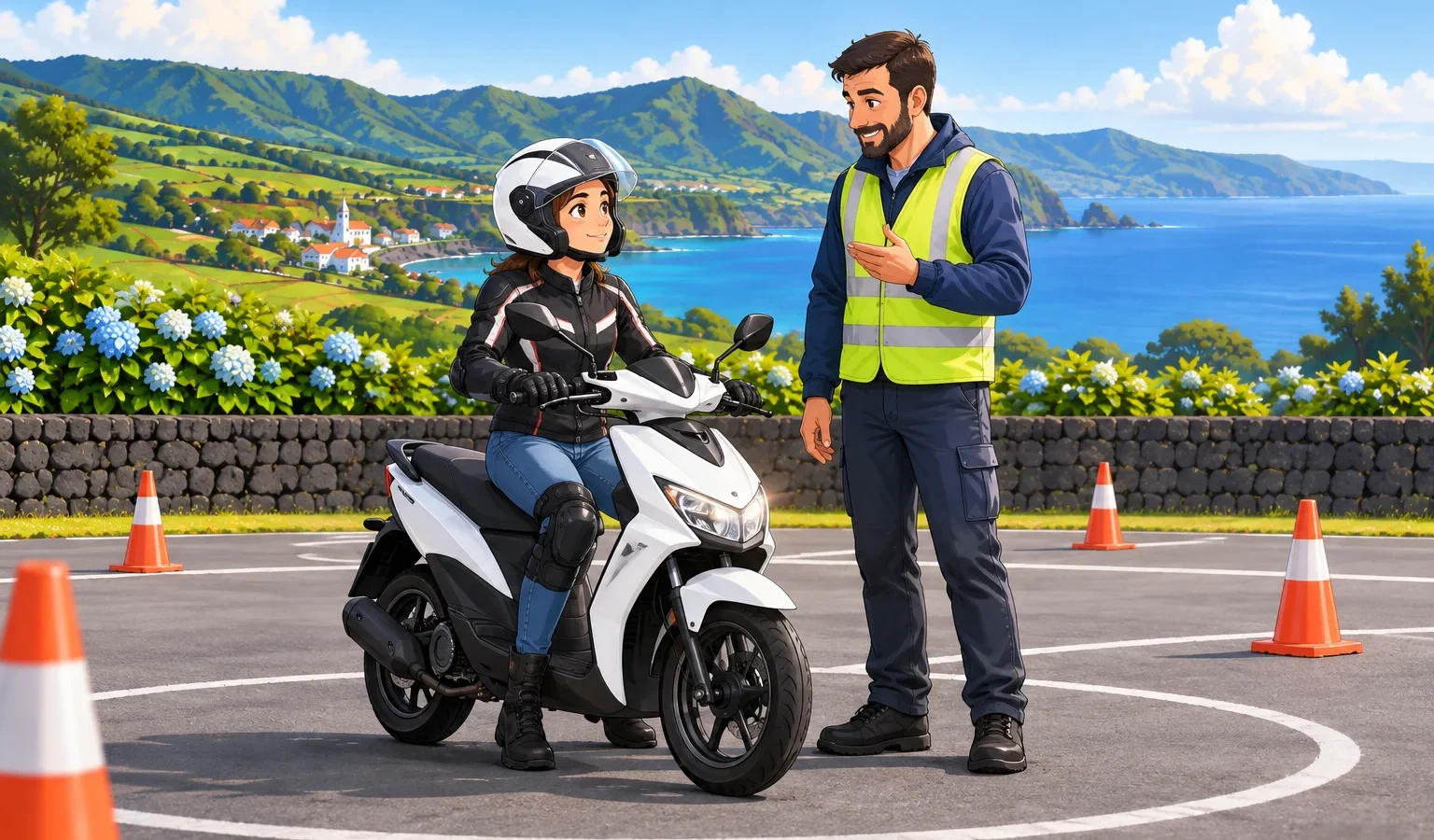 Jovem equipada num ciclomotor com instrutor em espaço de treino ilustrado