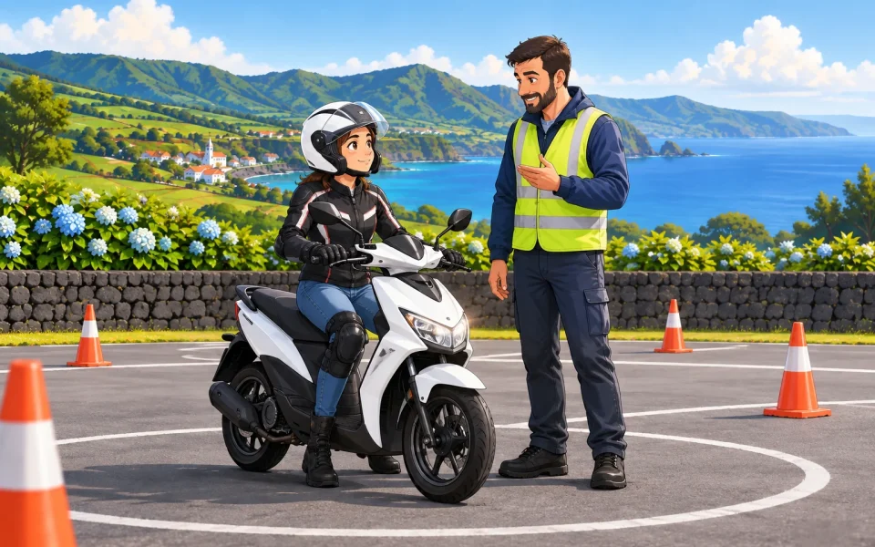Jovem equipada num ciclomotor com instrutor em espaço de treino ilustrado