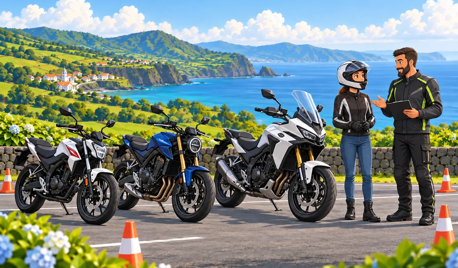 Motociclos de diferentes categorias e instrutor num espaço de treino ilustrado