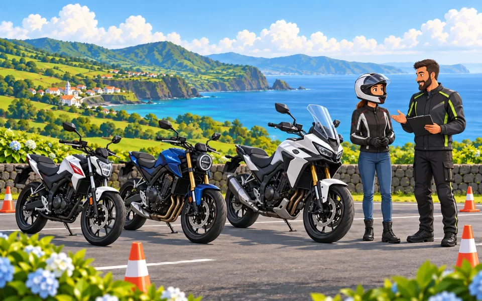 Motociclos de diferentes categorias e instrutor num espaço de treino ilustrado