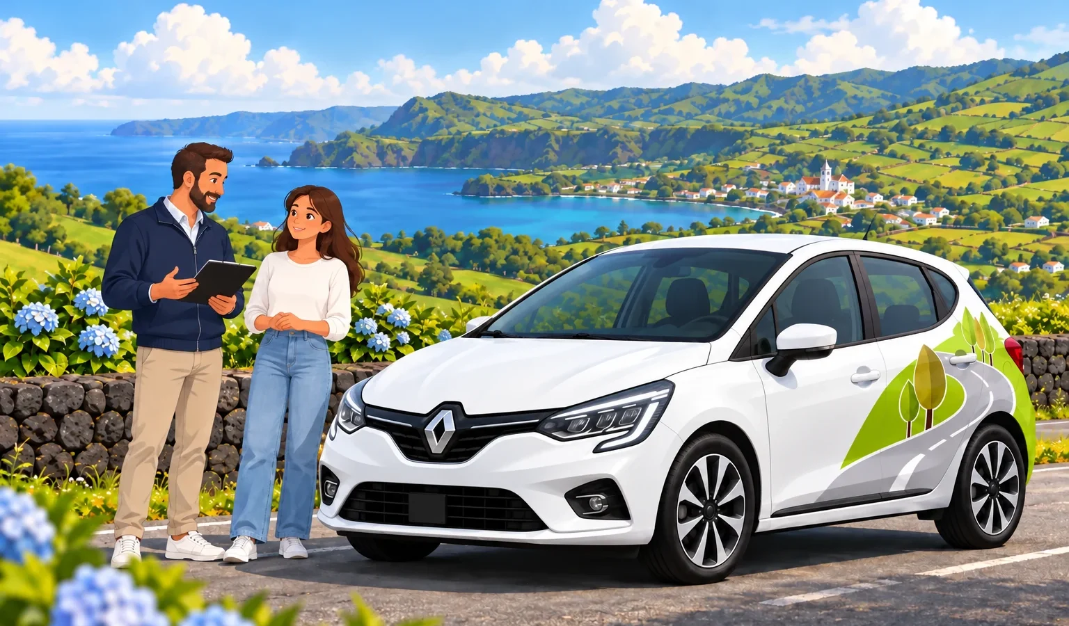 Aluna e instrutor junto a Renault Clio branco ilustrado numa estrada dos Açores