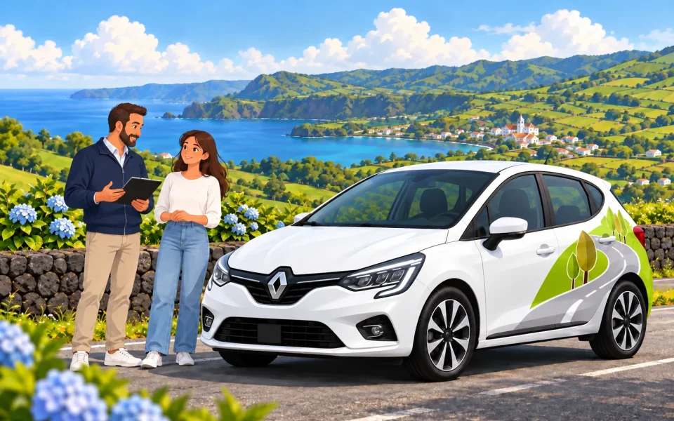 Aluna e instrutor junto a Renault Clio branco ilustrado numa estrada dos Açores