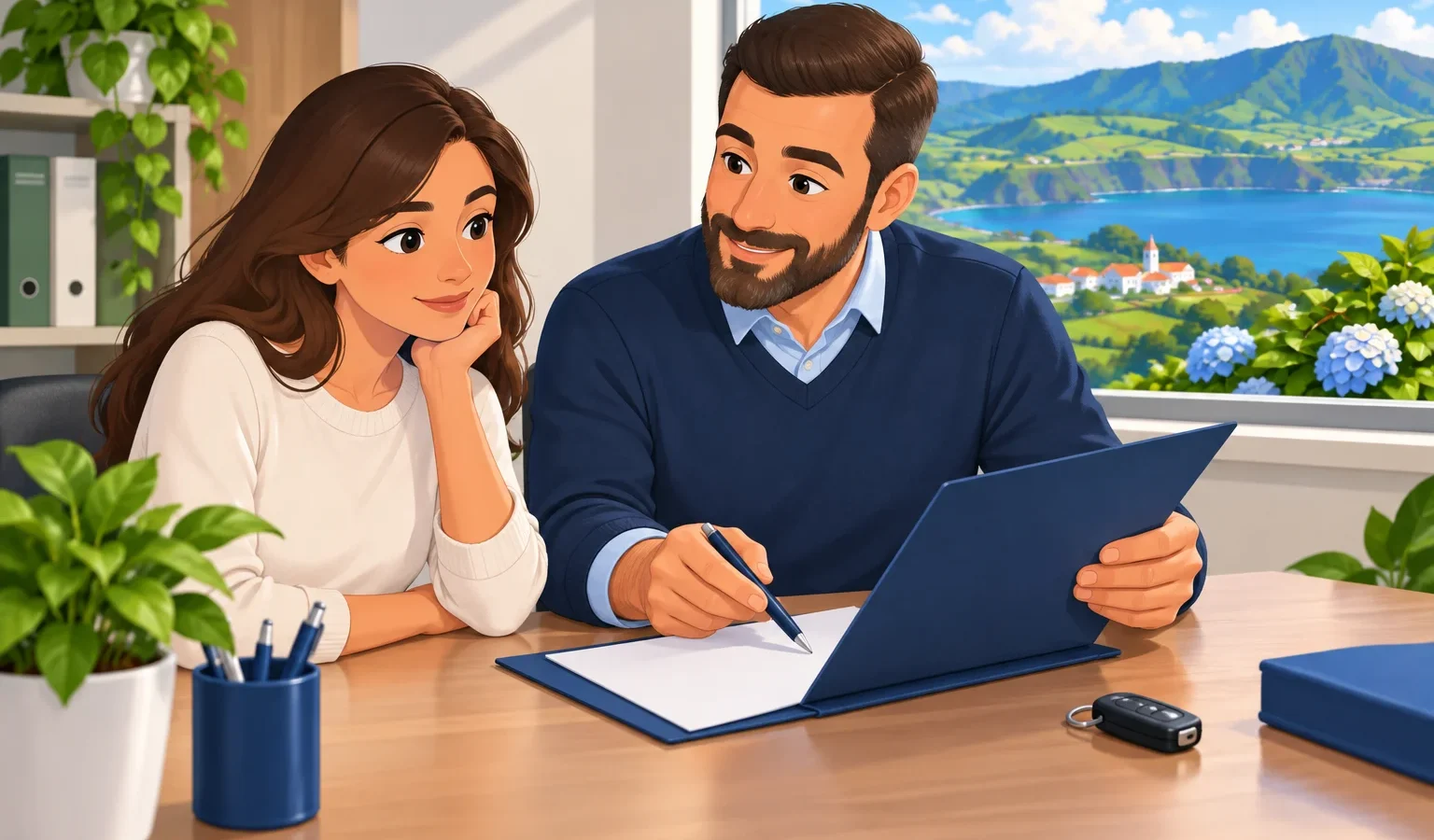 Aluna e orientador a rever documentos numa escola de condução ilustrada