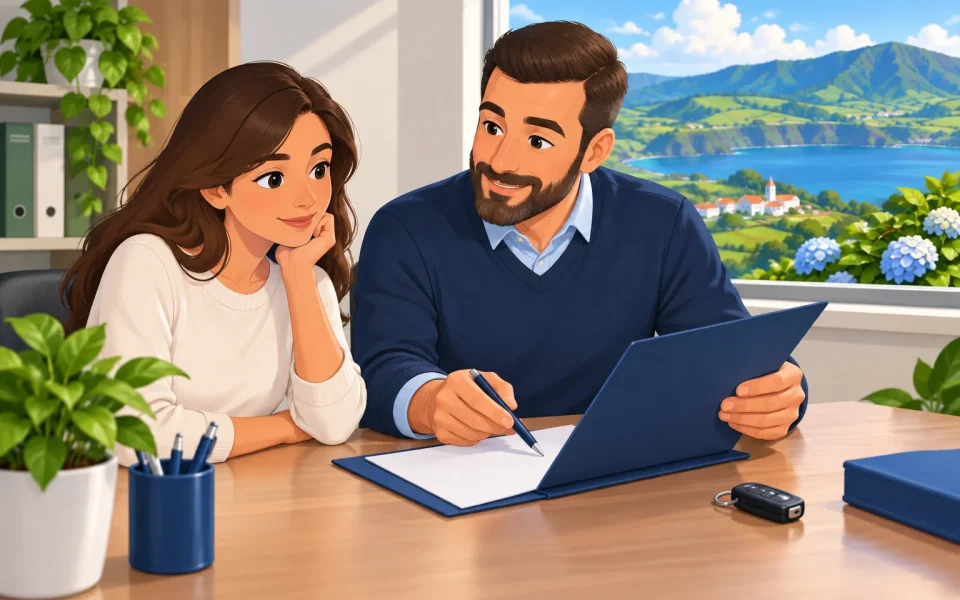 Aluna e orientador a rever documentos numa escola de condução ilustrada