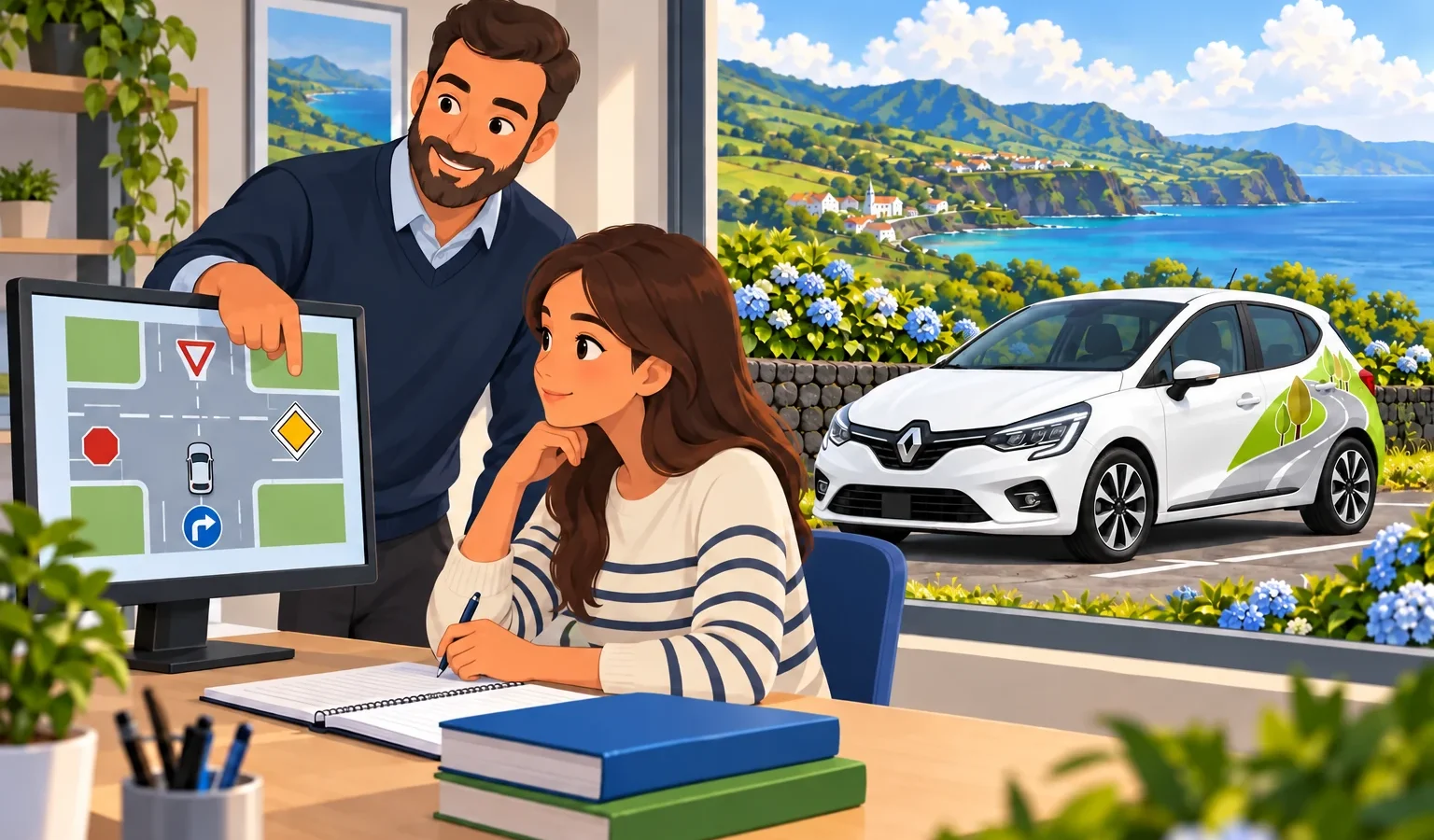 Aluna a estudar regras de trânsito com Renault Clio de aprendizagem ilustrado ao fundo