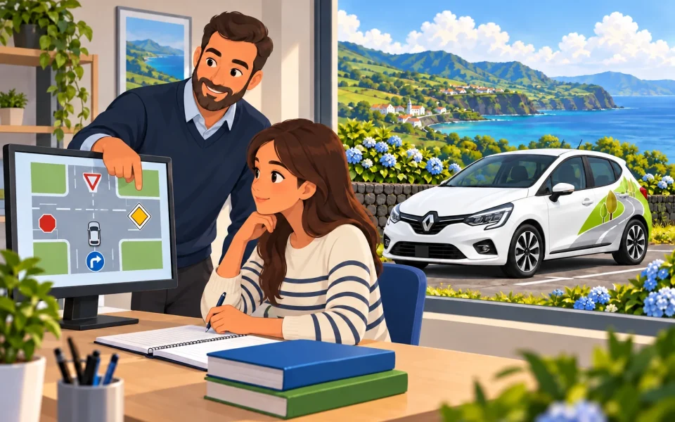 Aluna a estudar regras de trânsito com Renault Clio de aprendizagem ilustrado ao fundo